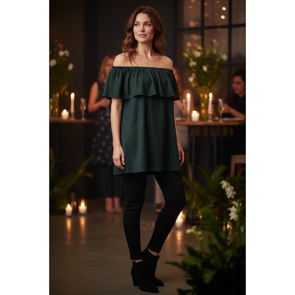 Tilly Anne Emerald Green Faux Suede Off Shoulder Ruffle Top Size Small